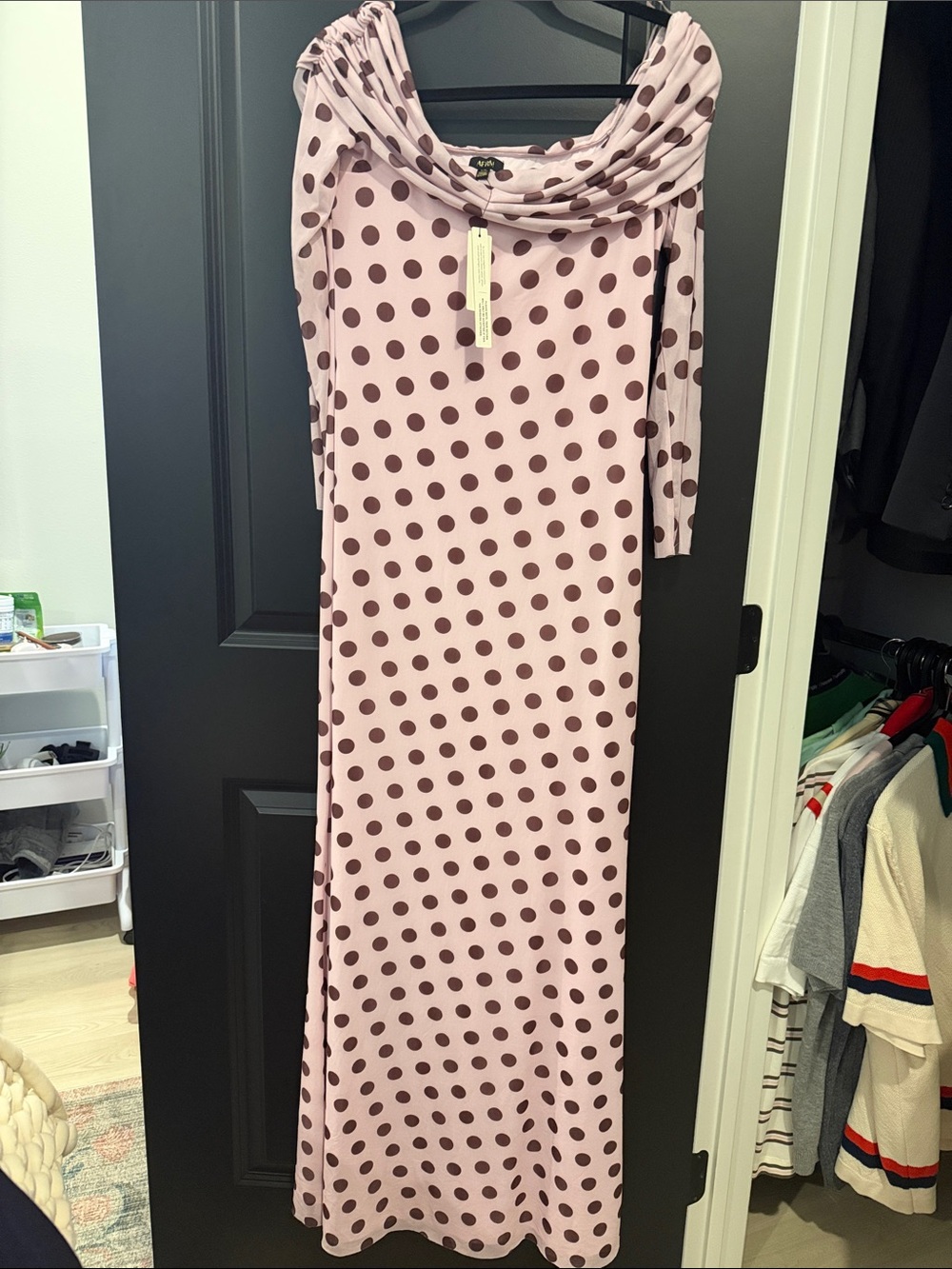 AFRM Pink and Brown Polka Dot Cowl Neck Maxi Dress